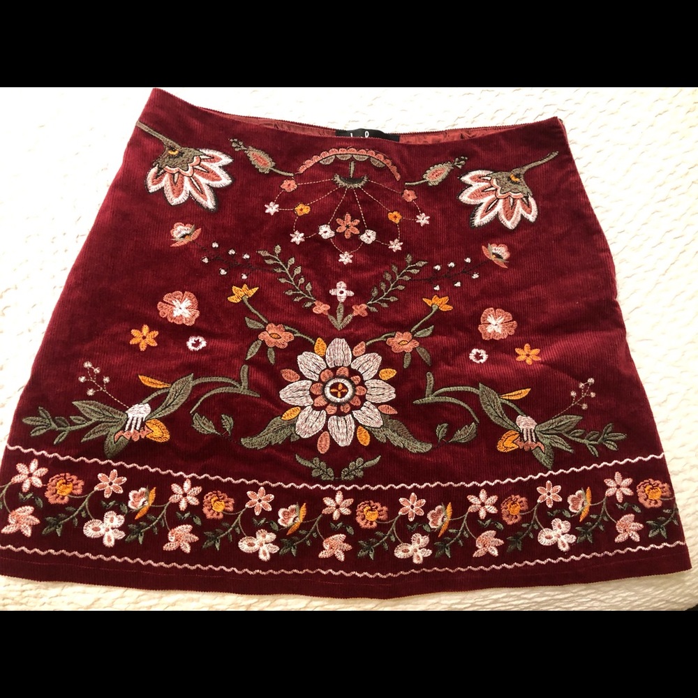Lulu’s burgundy embroidered corduroy skirt